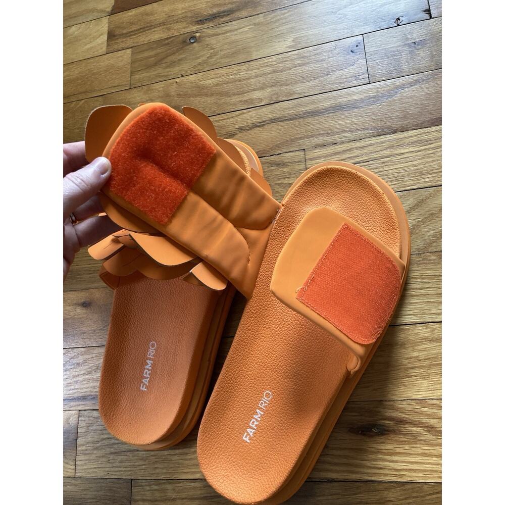 FARM Rio Sandals Womens 10 Orange Slides Monstera Anatomic Leaf Adjust Strap - Picture 7 of 9